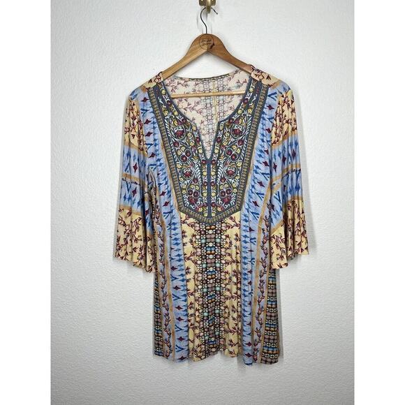 Soft Surroundings Fifi Embroidered Mixed Print Bell Sleeve Tunic Top Size Medium - Picture 1 of 5